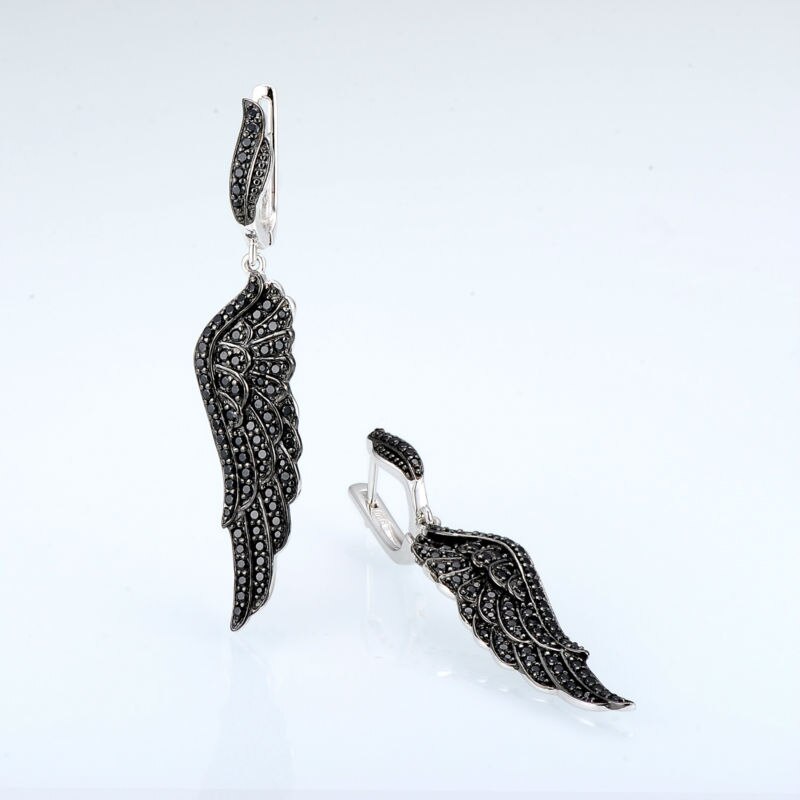 Santuzza Zilver Zwart Angel 'S Wing Oorbellen Voor Vrouwen 925 Sterling Zilveren Oorbellen Zilveren 925 Zirconia Brincos Sieraden