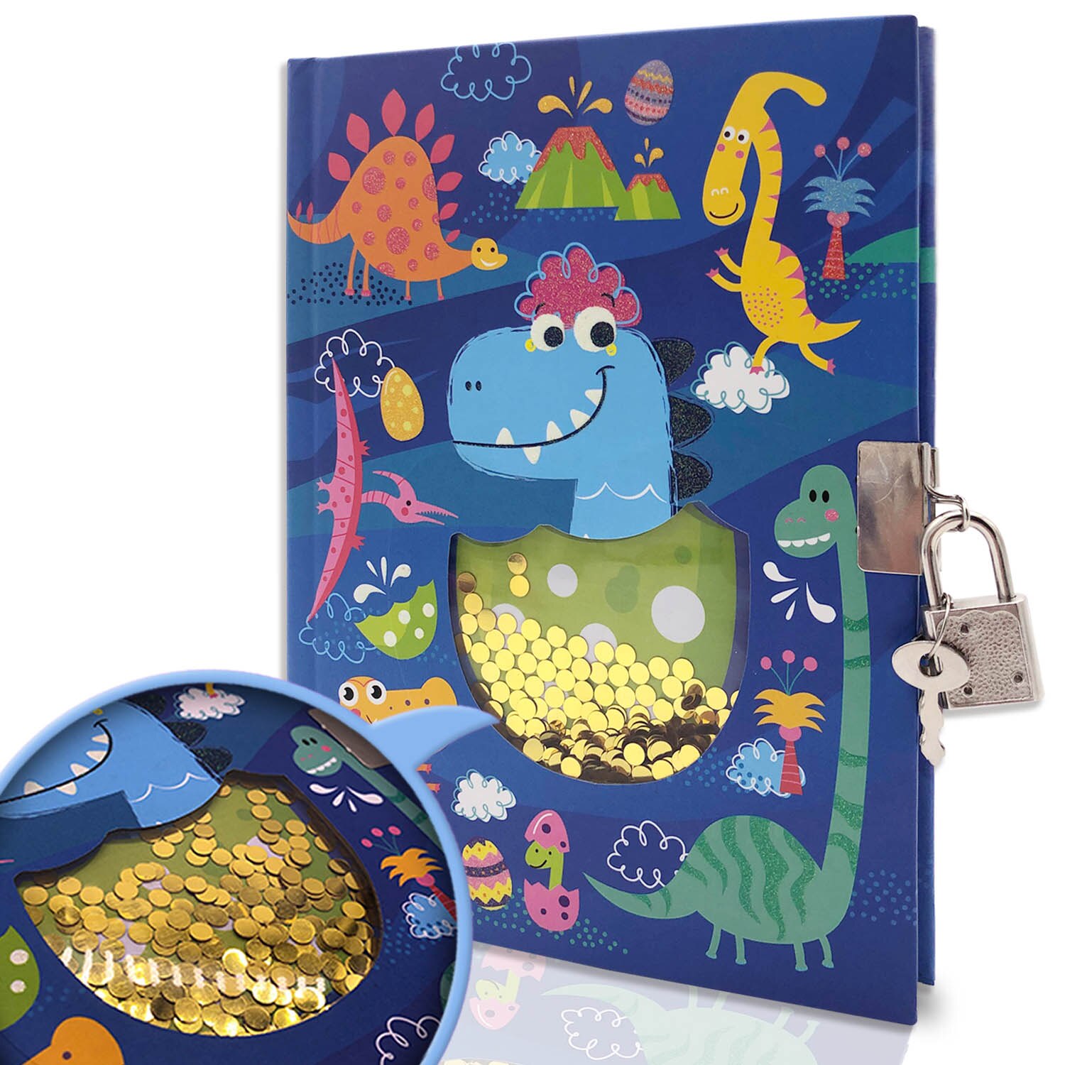 Cute Diary with Lock for Girls and Boys, Dinosaur Shakable Sequin Journal Secret Notebook，Students School Office Supplies