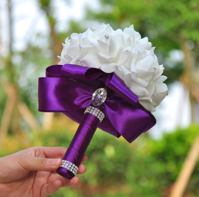 AYiCuthia Romantische Bruiloft Boeket Bruid Bruidsmeisje Bruiloft Decoratie Foam Bloemen Rose Bruidsboeket White Satin Holding S30: purple