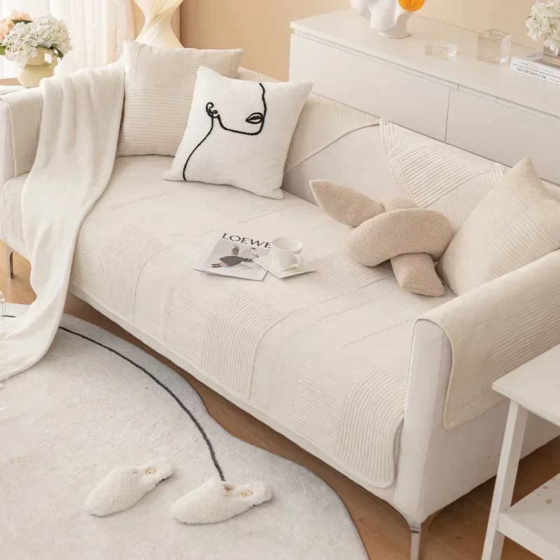 Cream Style Sofa Covers Thicken Plush Sofas Mat for Living Room Anti-slip Solid Color Couch Protector Slipcover Home Decor 소파 커버: Field Green / 80*180cm