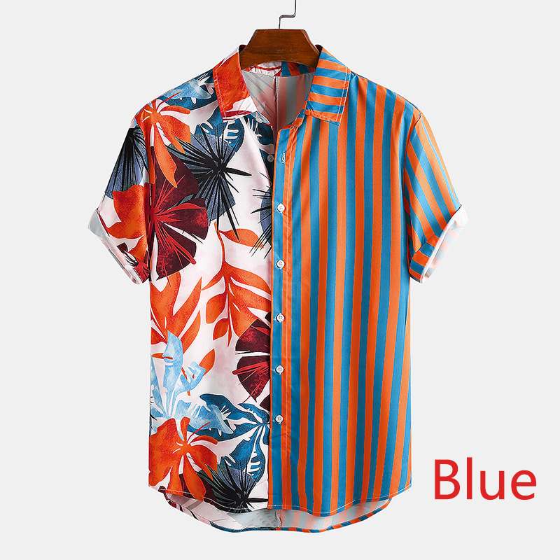 Mænd etnisk printede skjorter kortærmede revers patchwork skjorte afslappet løs blød camisas sommer hawaiian blusas plus str.: Blå / Xl
