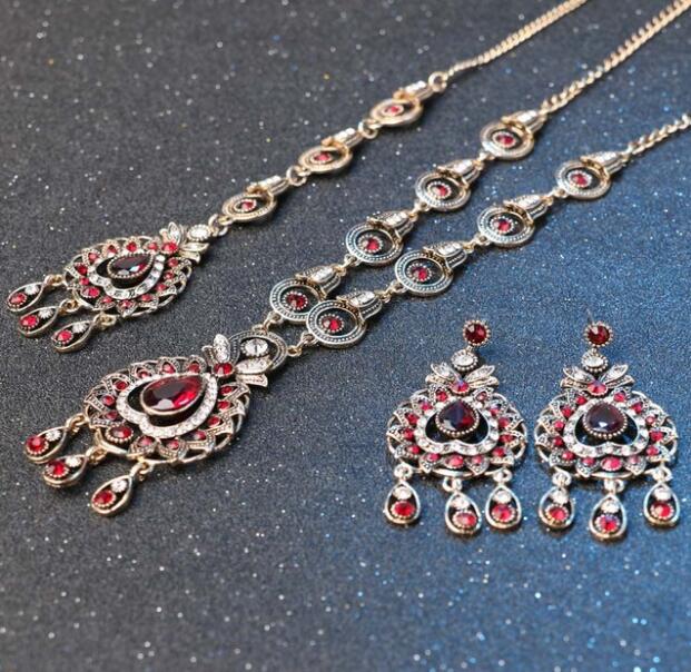 Accesorios Retro de Sari de India para mujer, collar de tres piezas, pendientes, accesorios de puesta en escena