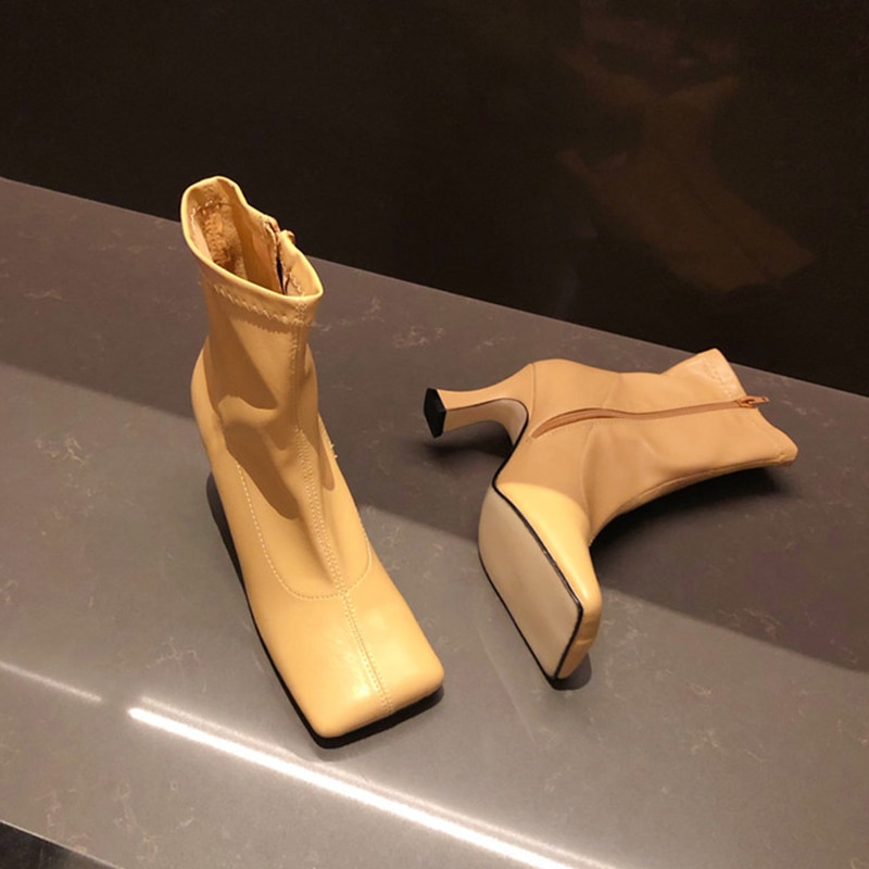 Women Soft Leather Sock Boots Square Toe Beige Yellow 6cm High Heels Ankle Boots Elastic Chelsea Boots Shoes Botas Mujer