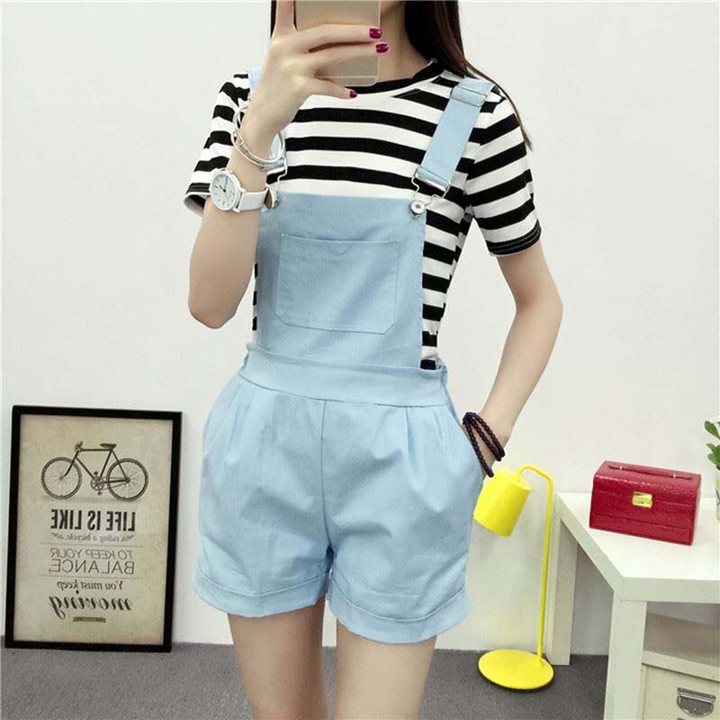Denim overalls kvinder sommer dejlige jumpsuits forår denim jeans overalls shorts kvinde pink/hvid overall jumpsuit: Himmelblå / S