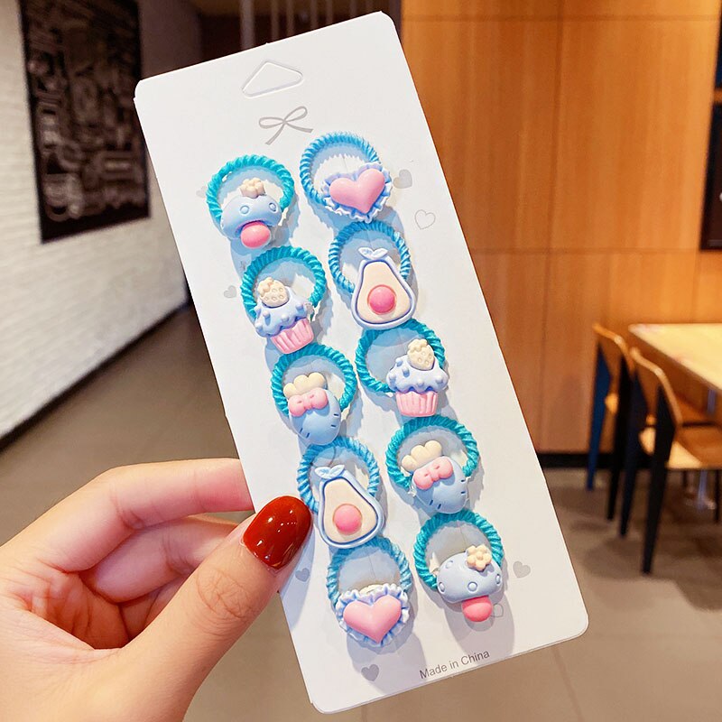 Bandas Elásticas pequeñas para el cabello para niñas, accesorios para el cabello de , lazo para el cabello con flores de dibujos animados, 10 unids/set: Verde