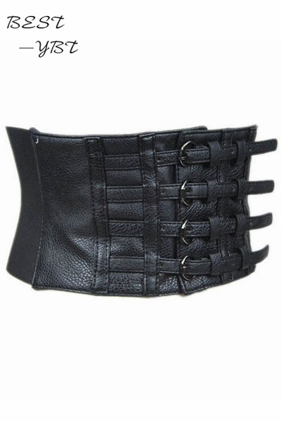 Nueva mujer faux cuero cinturón pin up retro elástico cinturón de cintura ancha para mujeres negro faux cuero cinturón corsé parte superior