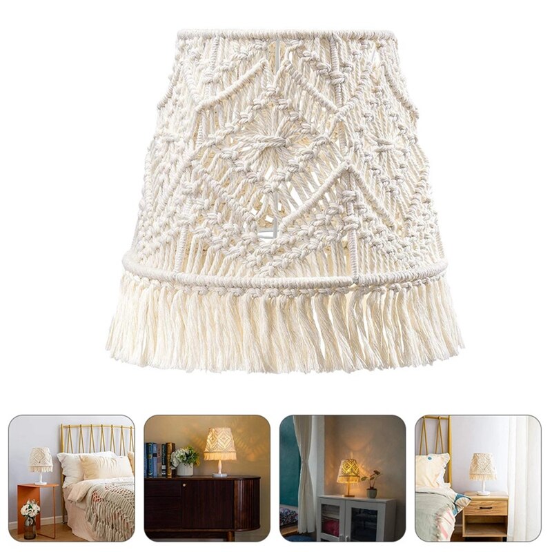 Pantalla de lámpara de macramé bohemio hecha a mano, cubierta tejida para dormitorio, de algodón tejido de cuerda, para decoración del hogar