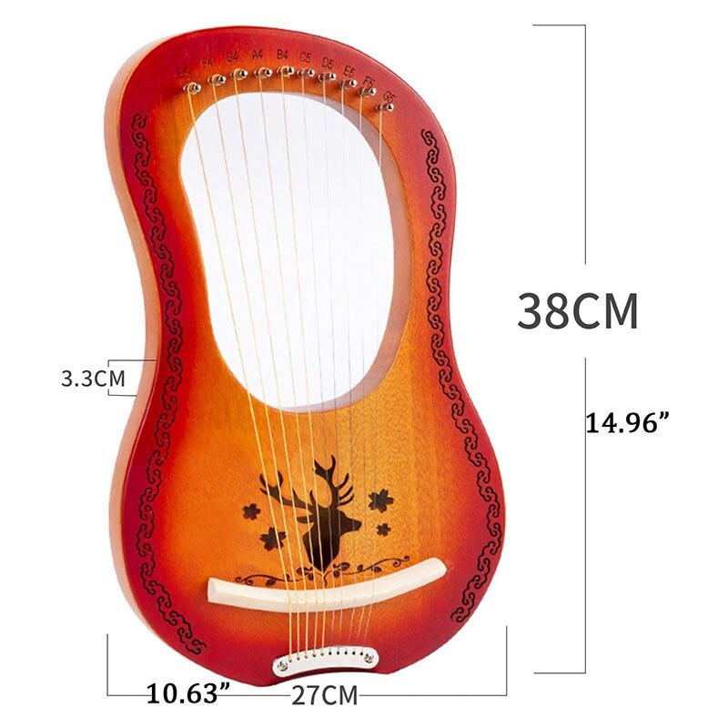Lyrharpa 10 -strängad harpa heptachord mahogny lutharpa med graverade toner, för musikälskare nybörjare barn vuxen