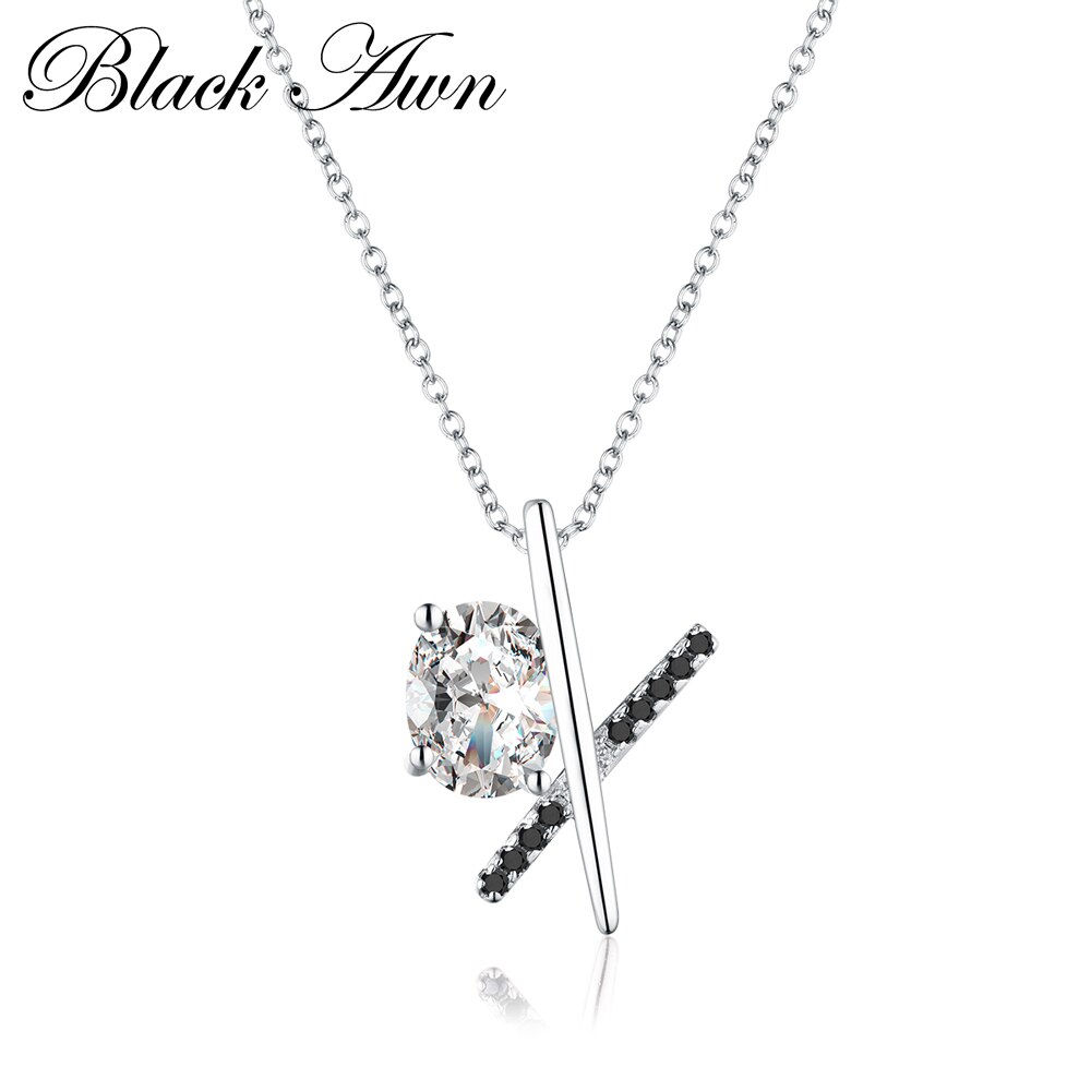 Romantic 925 Sterling Silver Fine Jewelry Necklaces Pendants Women Trendy Black&White Stone "X" Bijoux Necklace P037