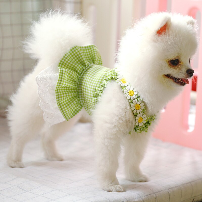 Summer Dog Dress Plaid Clothes For Small Dog Party Dog Skirt Puppy Flower Lace 3 Color XS S M L XL