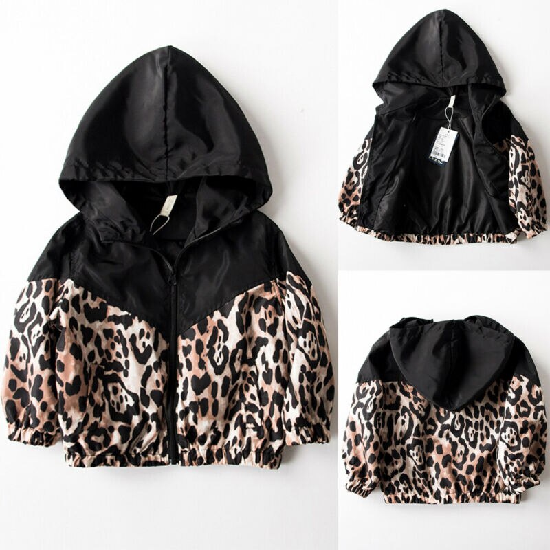 I bambini Del Bambino Delle Ragazze del Rivestimento Della Stampa Del Leopardo Della Rappezzatura Con Cappuccio Della Chiusura Lampo casual Cappotto di Autunno Outwear 1-7T