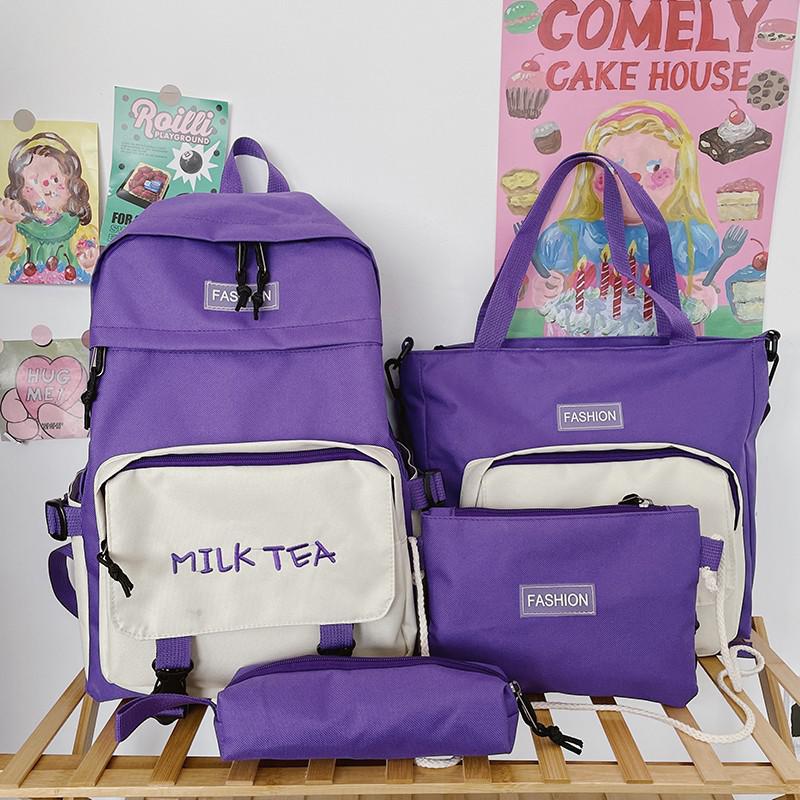 Mochila Oxford Harajuku para chica, bolso escolar de gran capacidad, bolsas para libros de estudiantes, 4 piezas: Lavender