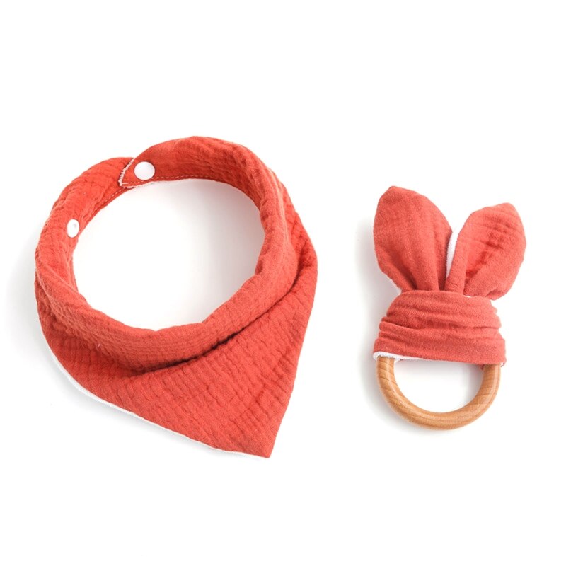 2 Stks/set Baby Jongen Meisje Speeksel Tissue Molars Ring Houten Bijtring Set Katoenen Mousseline Slabbetjes Effen Kleur Burp Doek Driehoekige sjaal: Rood