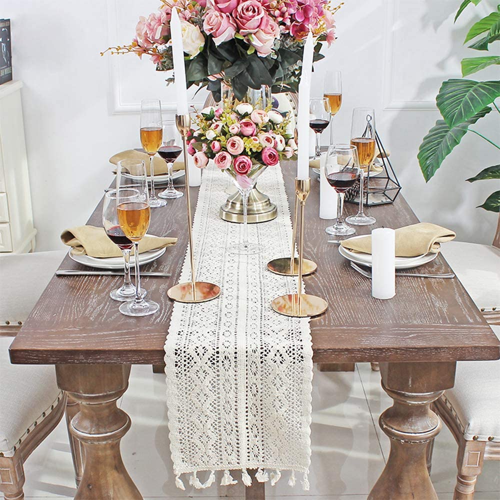 Lace Table Runner with Tassel Long Rectangular Hollow Mesh Tablerunner for Home Hotel Wedding Dining Table Decor