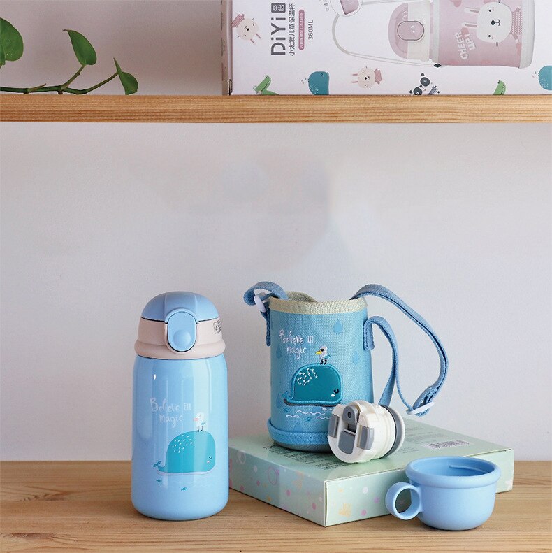 Taza de alimentación de dinosaurio para bebé, termo de leche de acero inoxidable para niños, botella de agua aislada, taza térmica con fugas, 360ml: Azul
