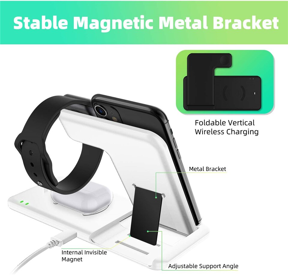15W 4 in 1 Wireless Charger Stand For iPhone 12 11 XS XR X Foldable Qi Fast Charging Dock Station for Apple Watch Airpods Pro