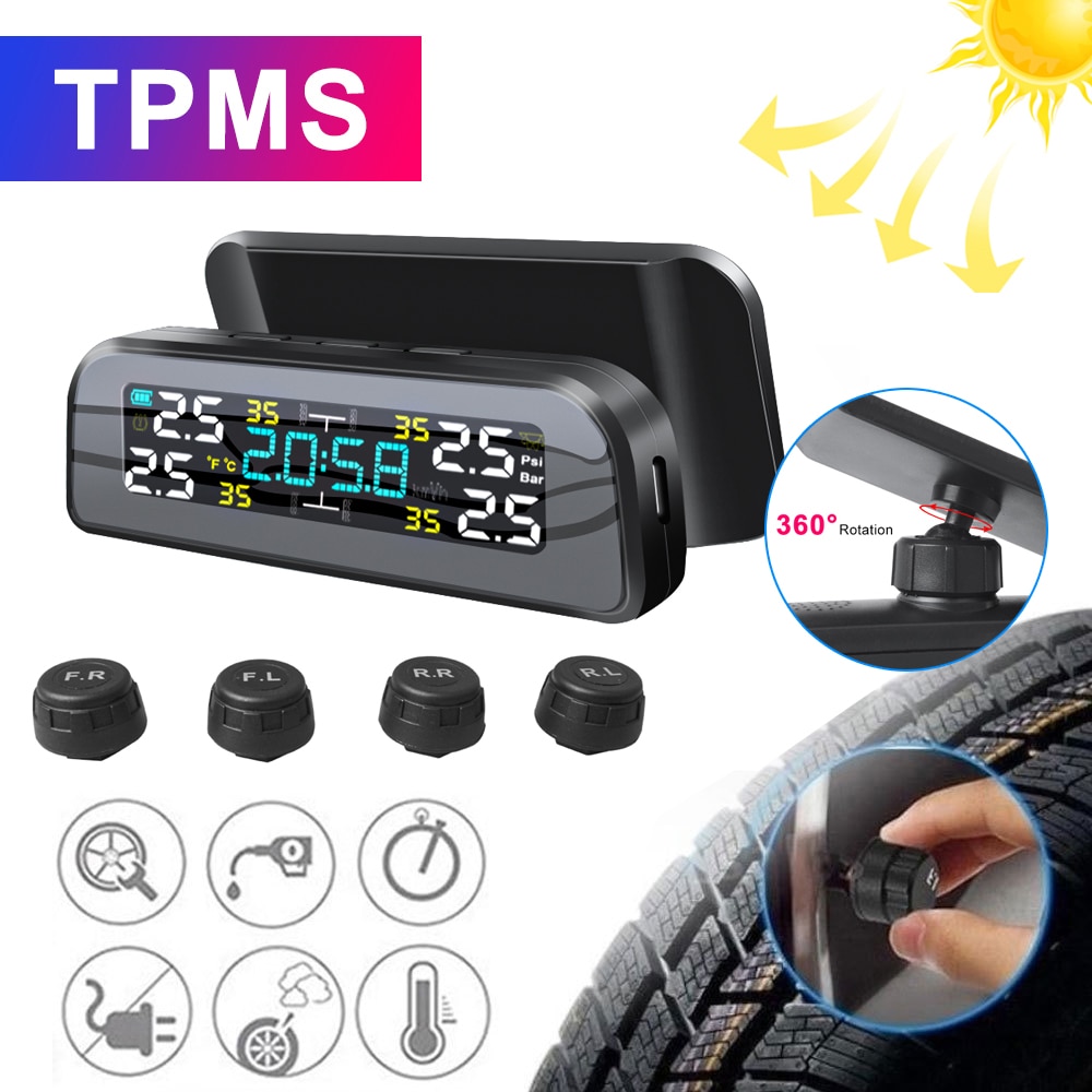 Bil tpms dekktrykk alarm monitor 4 eksternt system temperatur advarsel drivstoff spar display vedlagt sensorer trådløs solar