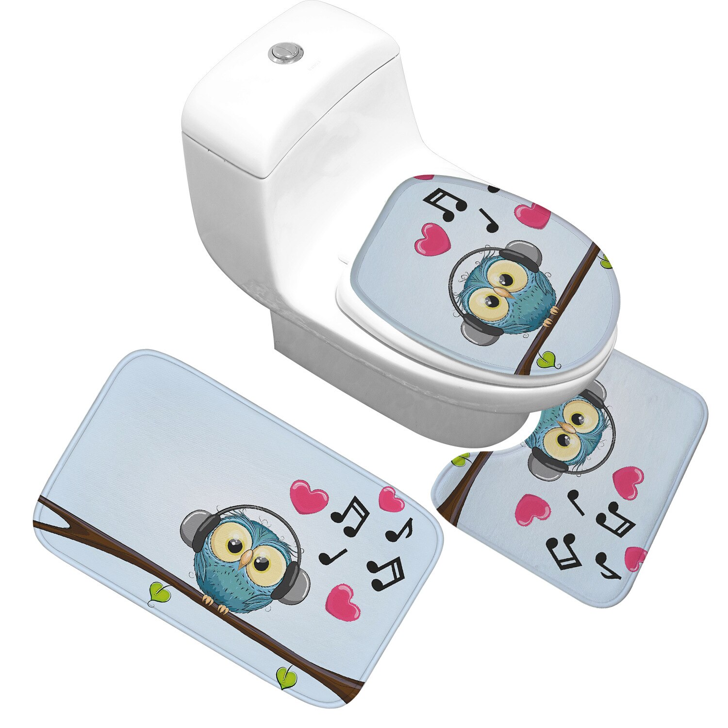 Honlaker Cartoon Owl Bathroom Mat Set Water-absorbing Non-slip Bathroom Rug Toilet Bath Mats Toilet Cover Decoration