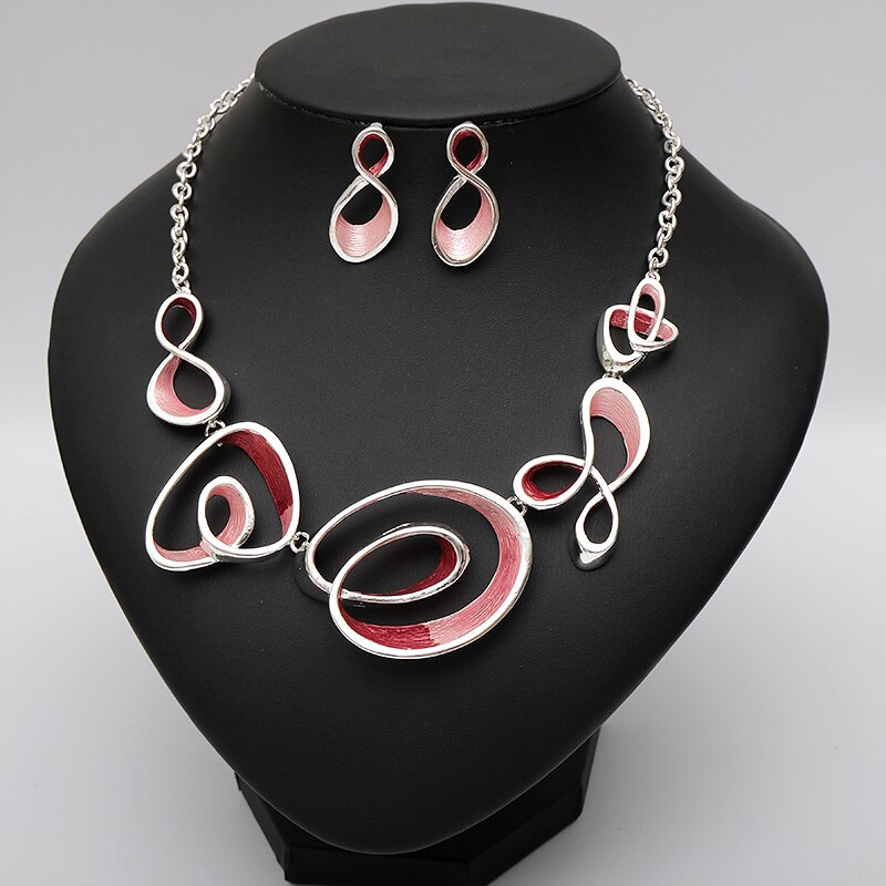 Gargantilla geométrica esmaltada de conjunto de pendientes collares Chapado en plata Boho boda traje de novia joyería para novias de las mujeres: red in silver