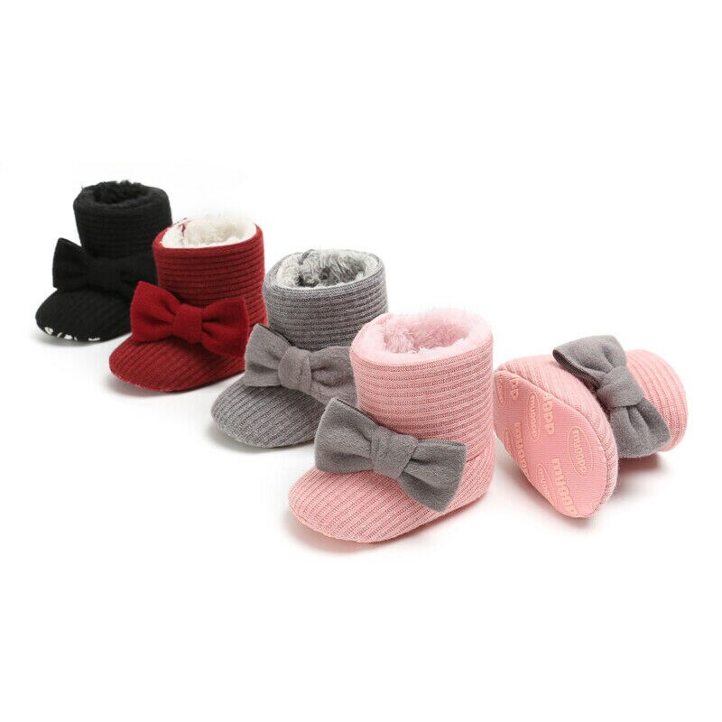 Doux bébé garçons filles nœud-noeud hiver anti-dérapant bottes chaussures enfant en bas âge coton semelle chaussures chaussons 0-18M