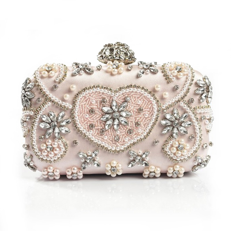 Luxe Vrouwen Kristal Avondtassen Handgemaakte Diamond Clutch Party Purse Roze Steentjes Parel Vrouwen Avondtassen Bruiloft Handtas