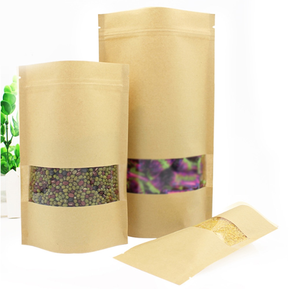 60pcs/set Stand Up Kraft Paper Bag Zip Lock Sealing with Transparent Window Bag Packages