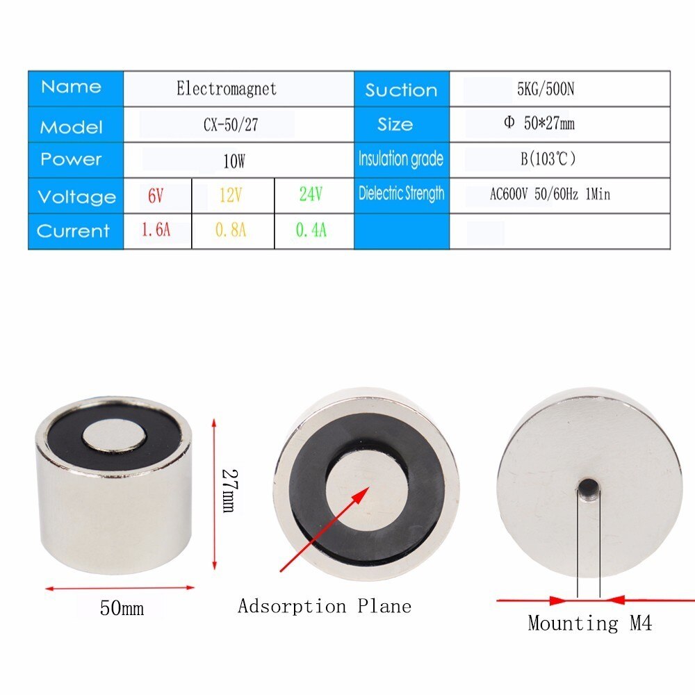 50/27 Dc 6v 12v 24v Cylinder Electromagnet Lifting 50kg 500n Solenoid Strong Sucker Holding Electric Magnet Custom Diy 12V