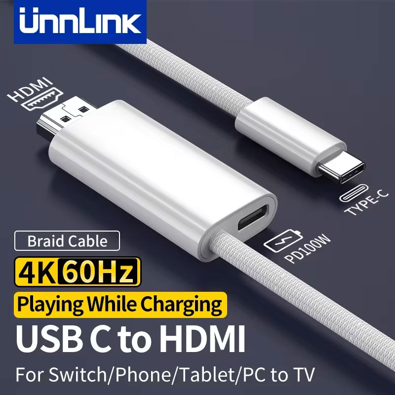Kabel Unnlink 4K USB C do HDMI z ładowaniem PD Konwerter telefonu na telewizor typu C Thunderbolt 3 do iPhone15/16 MacBook Samsung Dex
