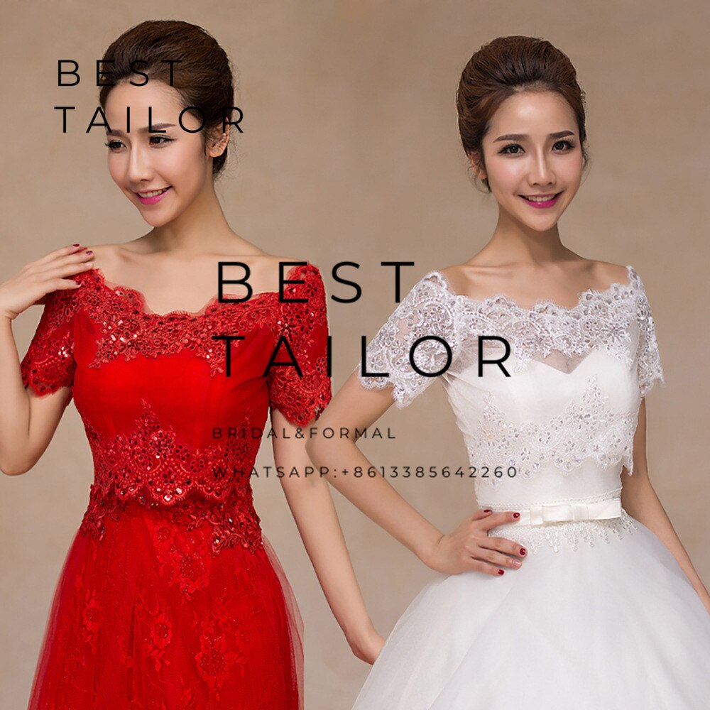 Hvid rød bryllup bolero sjal wrap korte ærmer blonde applikation brude jakke til brudekjole bryllup tilbehør mariage femme