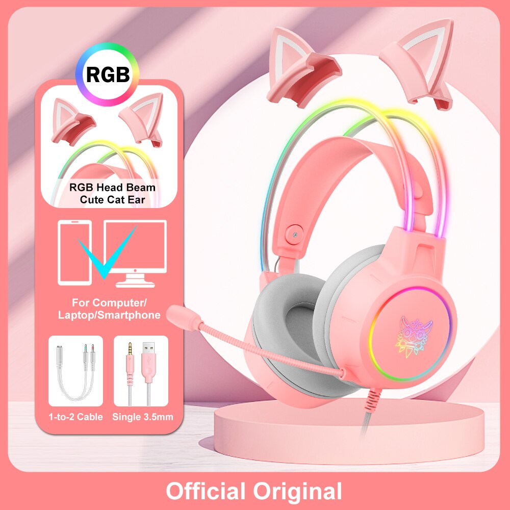 ONIKUMA X15 Pro Over-Ear-Kopfhörer, Gaming-Headset, kabelgebundene Kopfhörer mit Unterdrückung, rosa Katzenohren, RGB-Licht mit Mikrofon für PC PS4: Rot