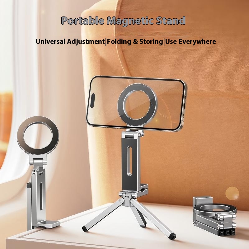 Foldable Magnetic Phone Tripod Holder, Aluminum Alloy Portable Stand for IPhone & Android Travel Video Shooting Desk/Plane Train