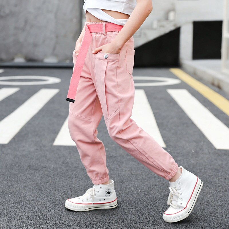 Casual lapset tytöt cargo housut pinkki musta väri street wear housut lasten vaatteet löysät housut vyö teinitytölle 4 8 12y: Vaaleanpunainen / 7