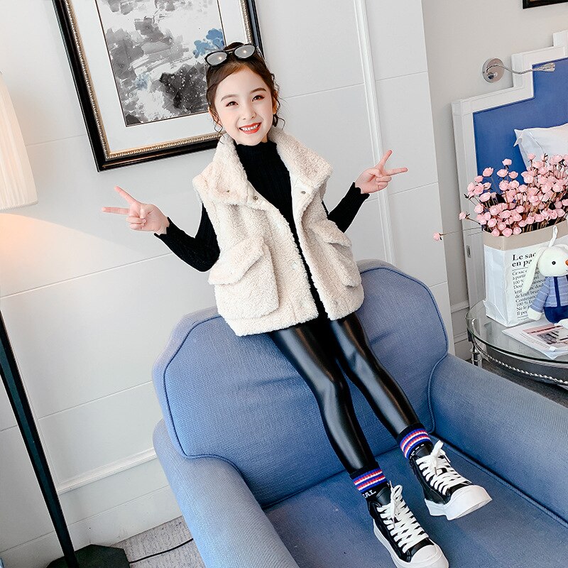 Children Winter Fleece Waistcoat Teenage Girl Sleeveless Single-breasted Plush Vest Pure Color Pockets Thicken Warm Chaleco Niña: Beige / 4T5T  Fit 110cm