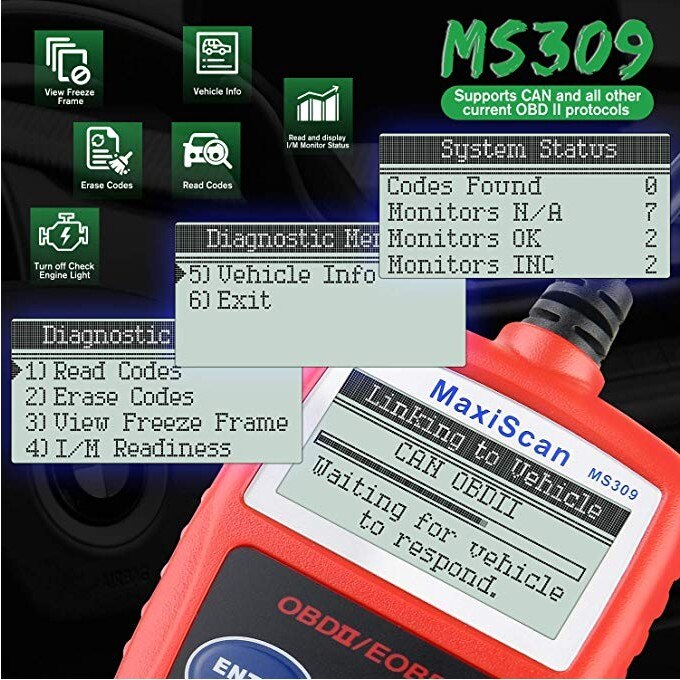 Autel MS309 Classic Enhanced Universal OBD II Scanner Car Engine Fault Code Reader CAN Diagnostic Scan Tool - Red