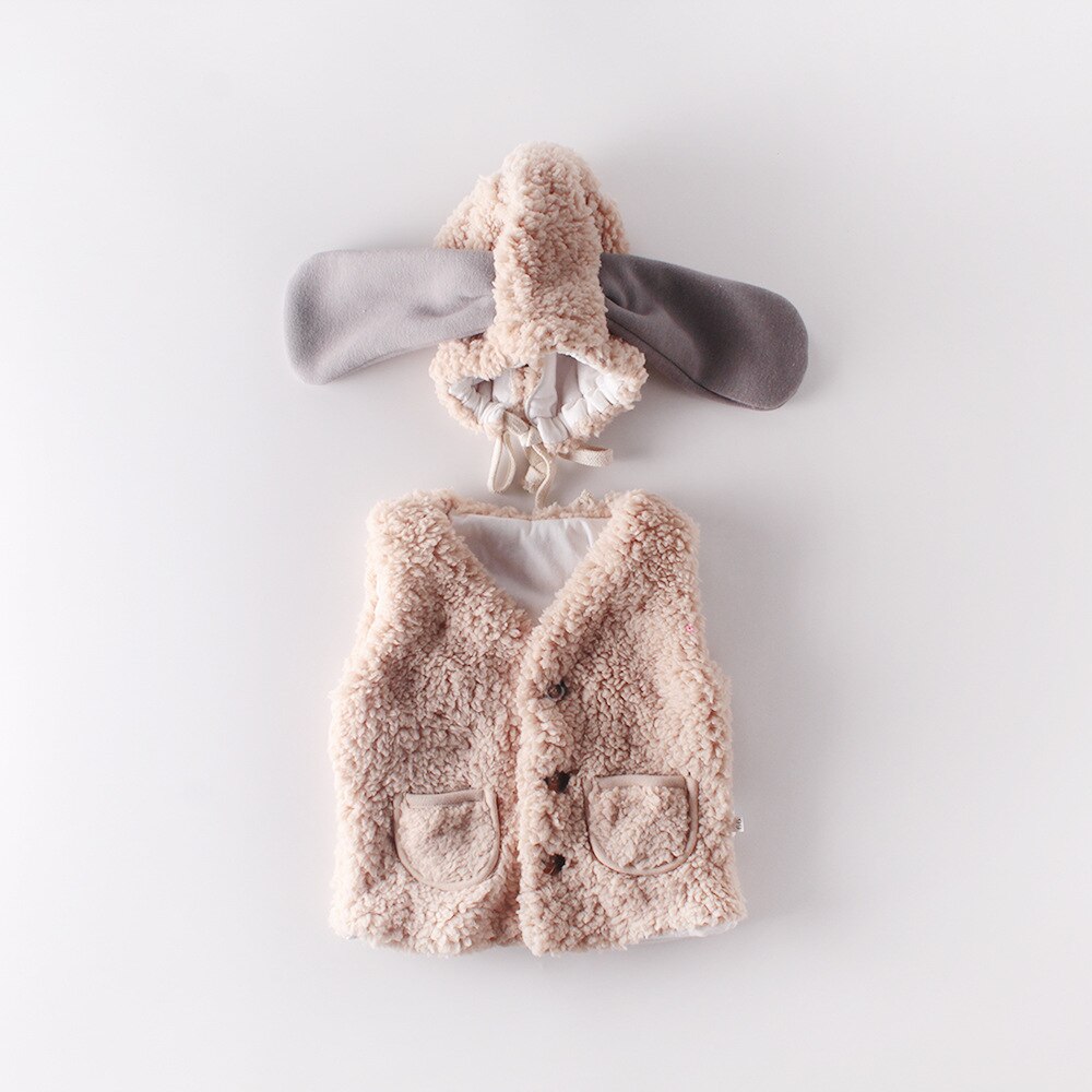 Baby Herfst Winter Kleding Baby Meisje Warme Vest Jas Mouwloos Fuzzy Outfit + Lange Oren Hoed 2 stuks Set Vest: Khaki / 6m