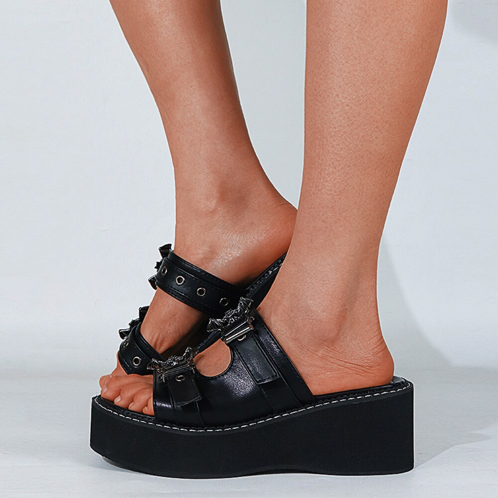 Platform Bat Gesp Slip Op Goth Open Teen Platform Zomer Vrouwen Sandalen Wiggen Gesp Leisure Casual Goth slippers