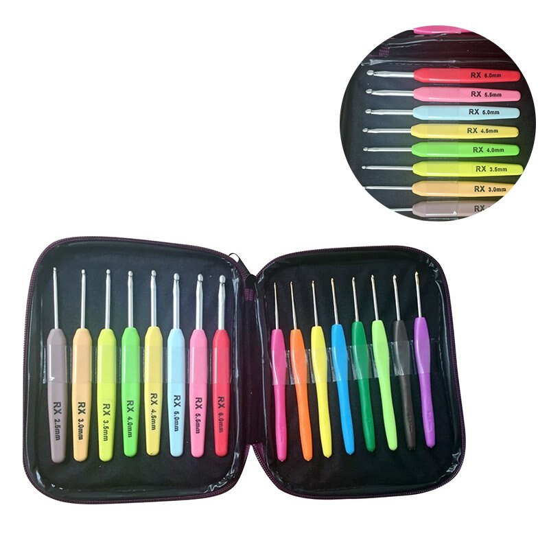 16 Pcs Crochet Hook Set Sewing Tools with Colorful Plastic Handles Knitting Needle Weave Yarn Case Set Aluminum Hooks Accessory