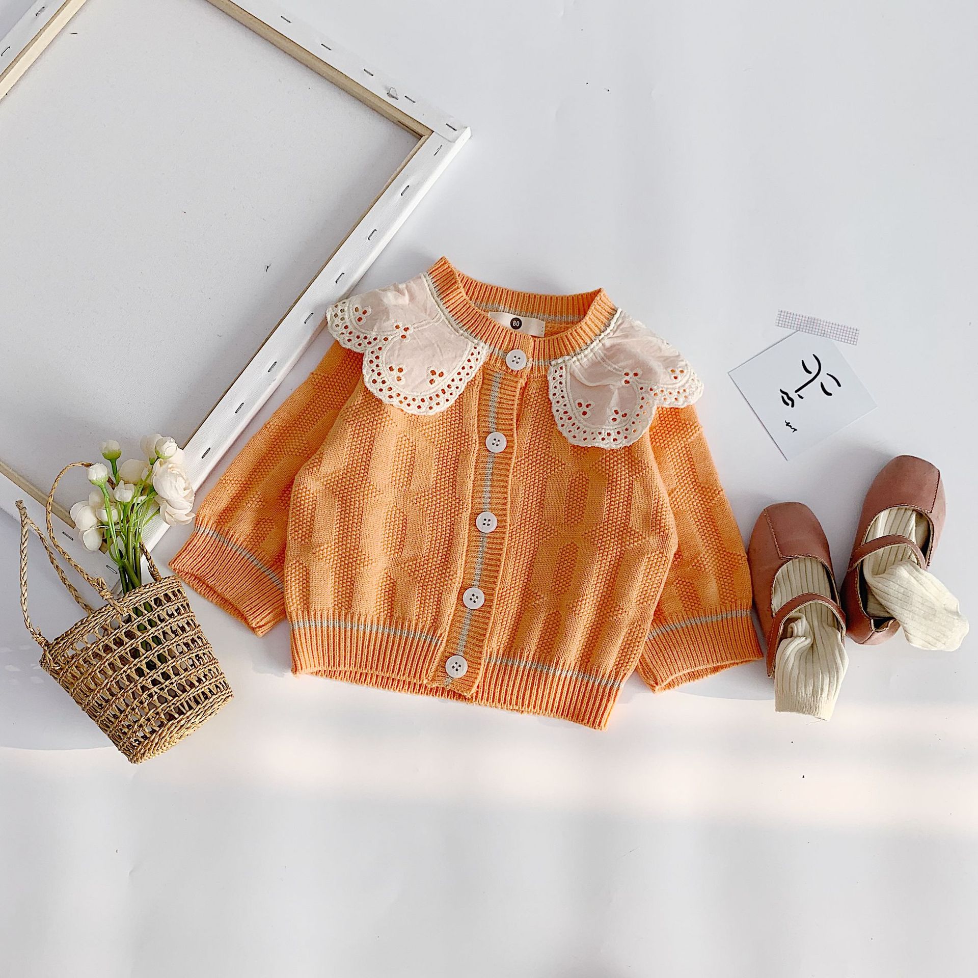 Spring Autumn cute girls lacework collar knitted sweater cardigans baby girl casual sweaters 1-5Y: orange / 4T