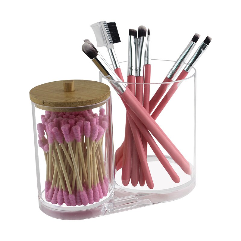 Acryl Wattenstaafje Make Organizer Opbergdoos Katoenen Pads Acryl Hout Opslag Ronde Container Make Up Katoen Pad Houder