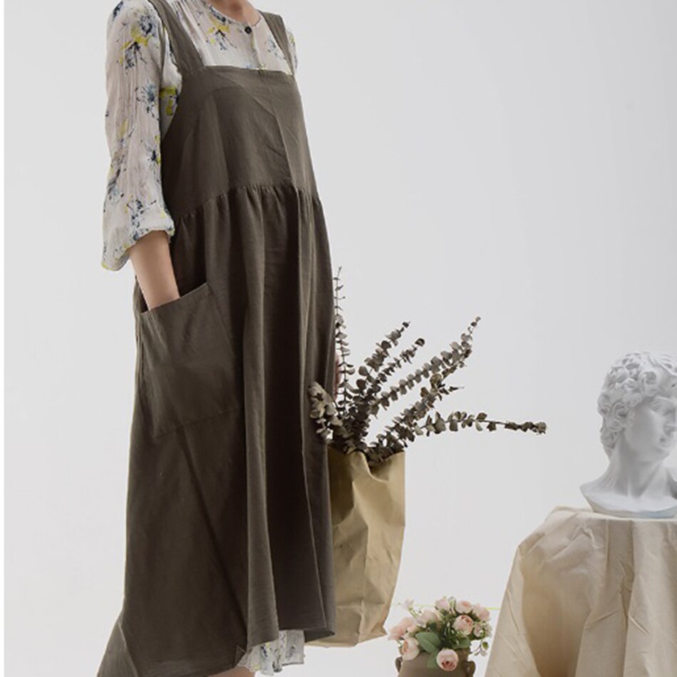 Delantal cruzado de lino y algodón japonés con hebilla ajustable, para mujer y niña, para salón de cocina, Vintage, para madre: grey