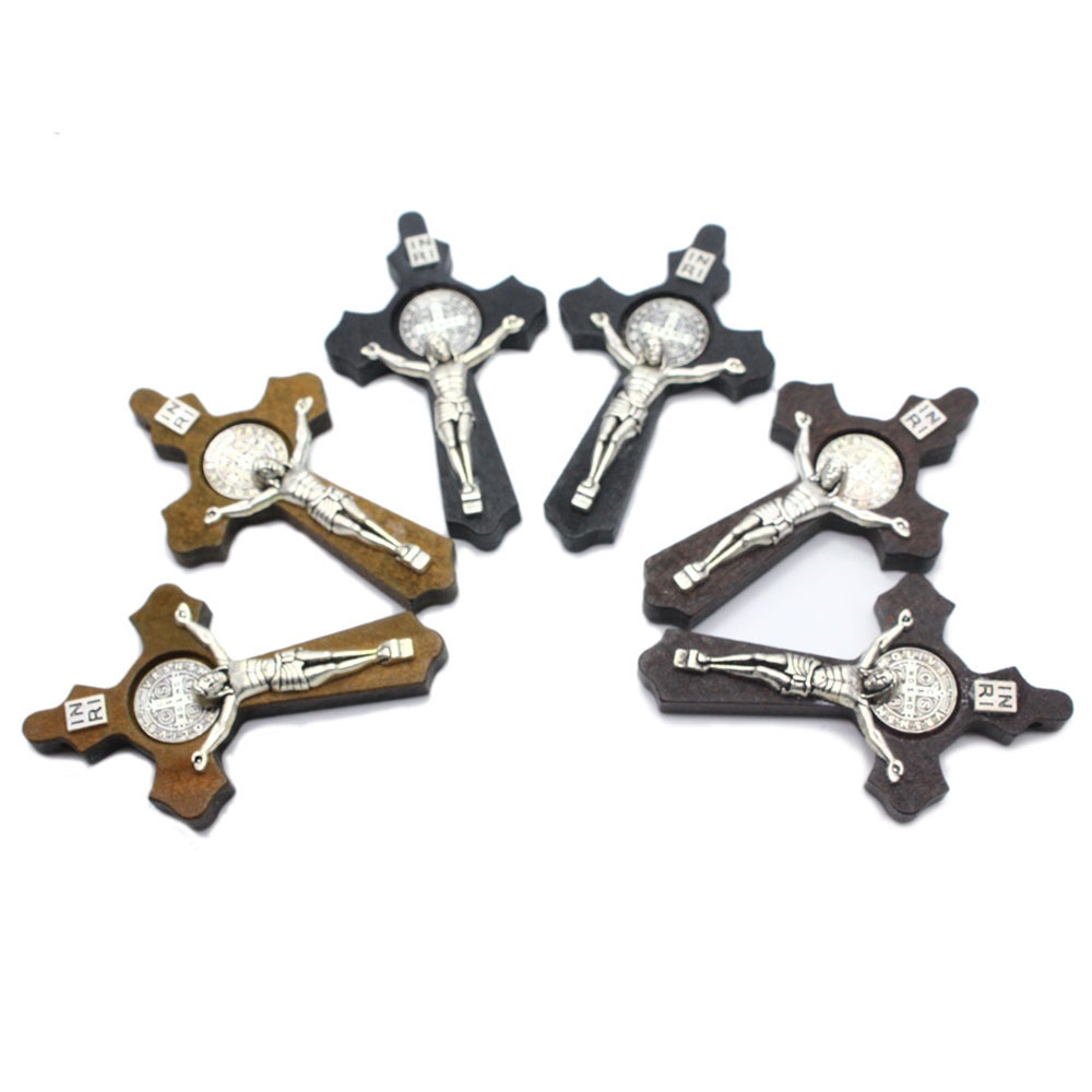 3Pcs Religieuze Houten Antieke Bruin Kruis Rozenkrans Hanger Jezus Saint Benedict Kralen Ketting Voor Mannen Vrouwen Sieraden