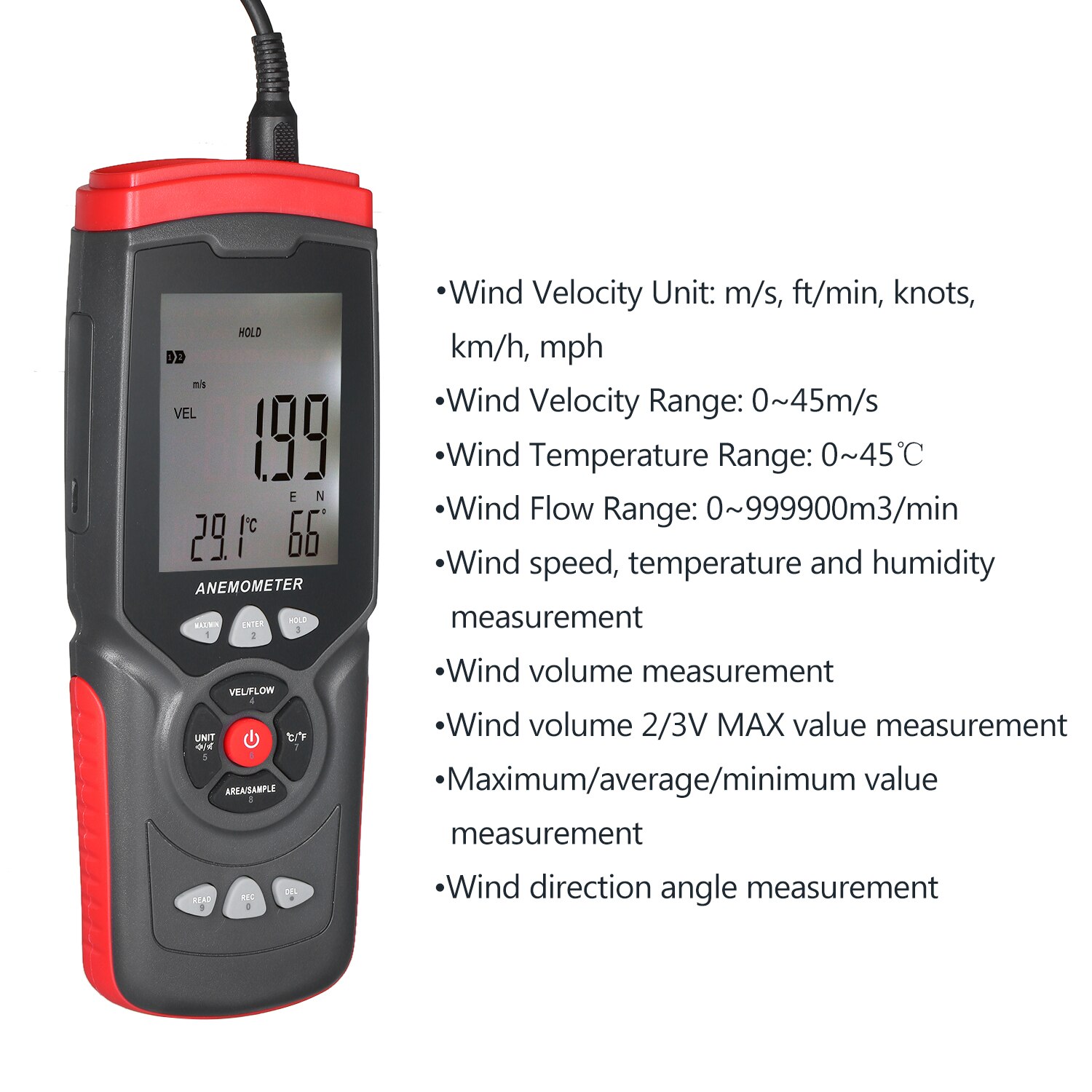 Handheld Digital Anemometer Multifunction Anemograph with Detachable Auxiliary Fan Air Meter with Storage Case