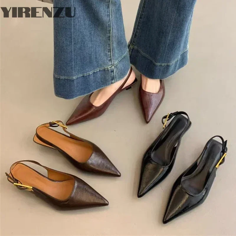 Sorte sommersandaler til kvinder med spids tå og lav slip-on, slingback-sko med tynde, mellemhøje hæle og kjoler