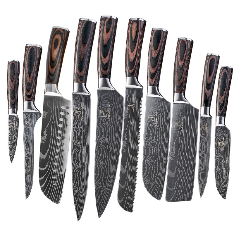DAOMACHEN 10 Pcs Stainless Steel Kitchen Knives Set Wooden Handle Bread Chef Knives Slicing Utility Paring Knife Multi Cookin