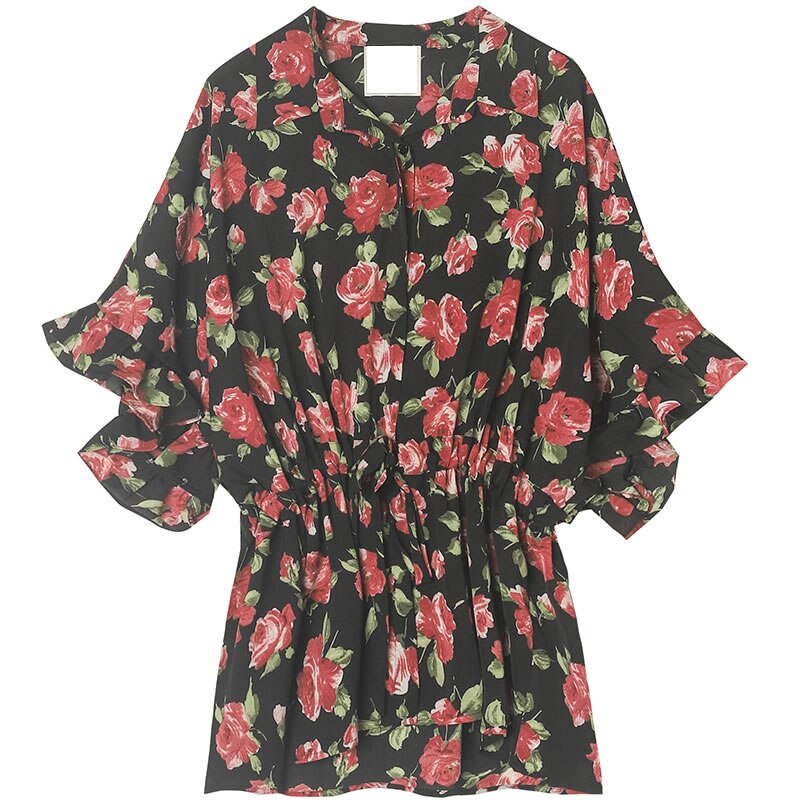 Xitao vintage print kuvio sifonki pusero kiristysnyöri naisten vaatteet kesä plus koko alaspäin kaulus paita  xj4748: Musta   xj4748