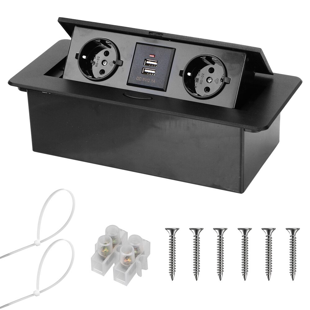 Desktop Socket Table Outlet 2 3 EU Socket With USB Charging Black Silver For Meeting Room Aluminum Alloy Cover:  Black-2EU2USB