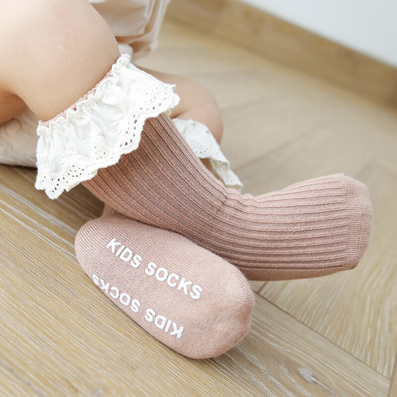 Baby lange sokker til piger varme sokker udbenet dobbeltnål baby blonder blonder piger høje baby sokker skridsikre strømper børn