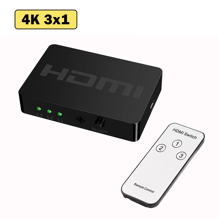 3x1 HDMI Switcher 4K 3 5 Port HD Switch Selector Splitter With Hub IR Remote Controller For HDTV DVD TV BOX Z2 Battery included: 3x1-B