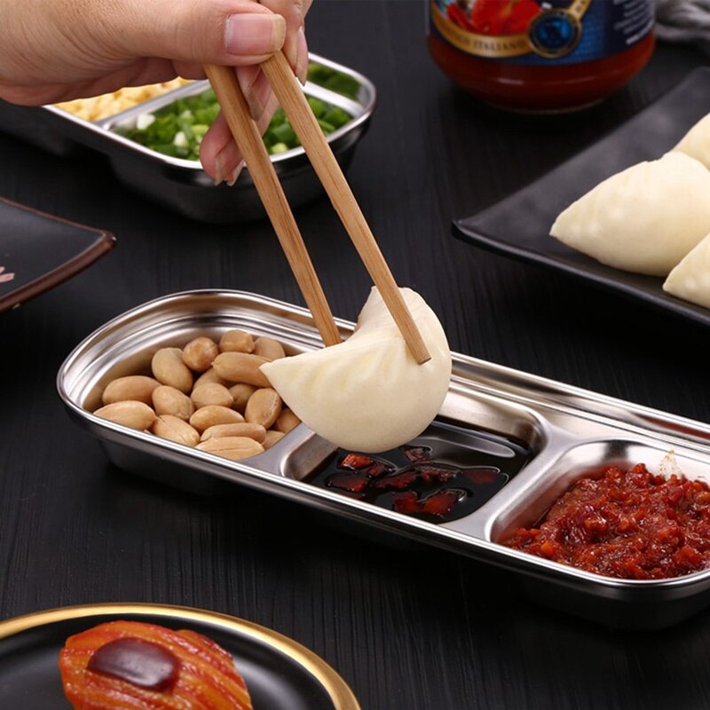 Rostfritt stål peppar stekt kött sås fat skål separat sushi vinäger soja tallrikar servis mat kryddbricka