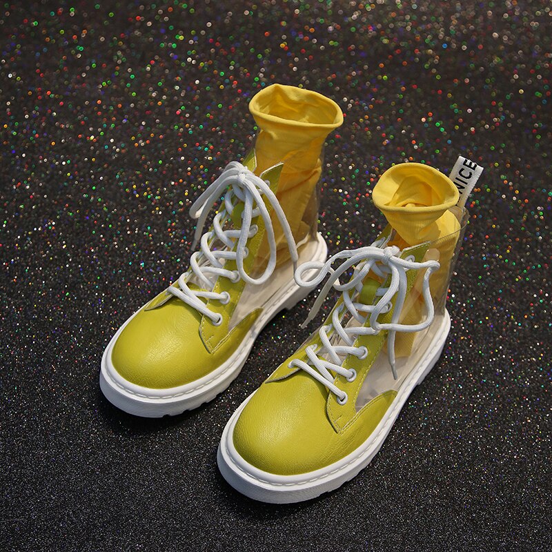 Bottes de pluie transparentes fujin pour femmes, bottines imperméables, chaussures en gelée d'eau, bottines à lacets